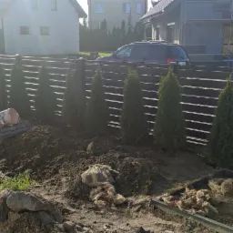 Etap prac przy nasadzeniach tui wzdłuż nowoczesnego, poziomego ogrodzenia panelowego; widoczne przygotowane podłoże, worki jutowe, kostka brukowa oraz domy w tle.