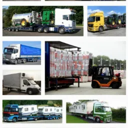 Kolaż zdjęć różnych pojazdów transportowych, w tym ciężarówki z naczepami przewożące maszyny budowlane, cysterny, przyczepy kempingowe i ładunki paletowe, oraz furgonetki z kartonami.