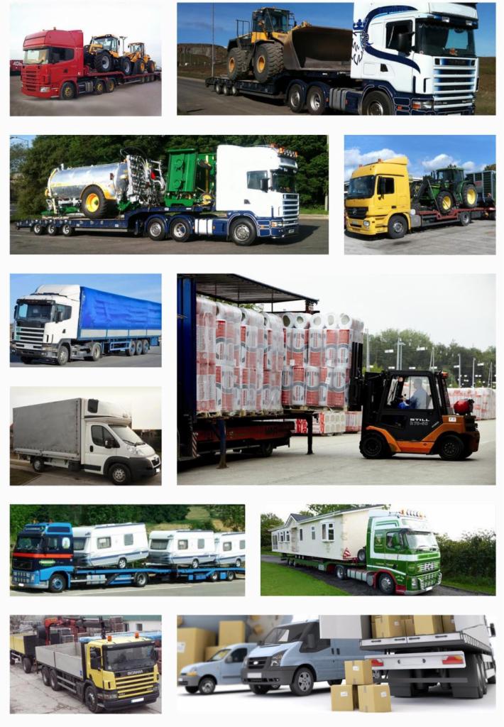 Kolaż zdjęć różnych pojazdów transportowych, w tym ciężarówki z naczepami przewożące maszyny budowlane, cysterny, przyczepy kempingowe i ładunki paletowe, oraz furgonetki z kartonami.