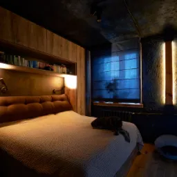 Nowoczesna sypialnia z łóżkiem w zabudowie z drewnianymi szafkami, półką na książki i oświetleniem punktowym, ciemna ściana z pionowym oświetleniem LED, rolety rzymskie w oknie, na łóżku leży pies,...