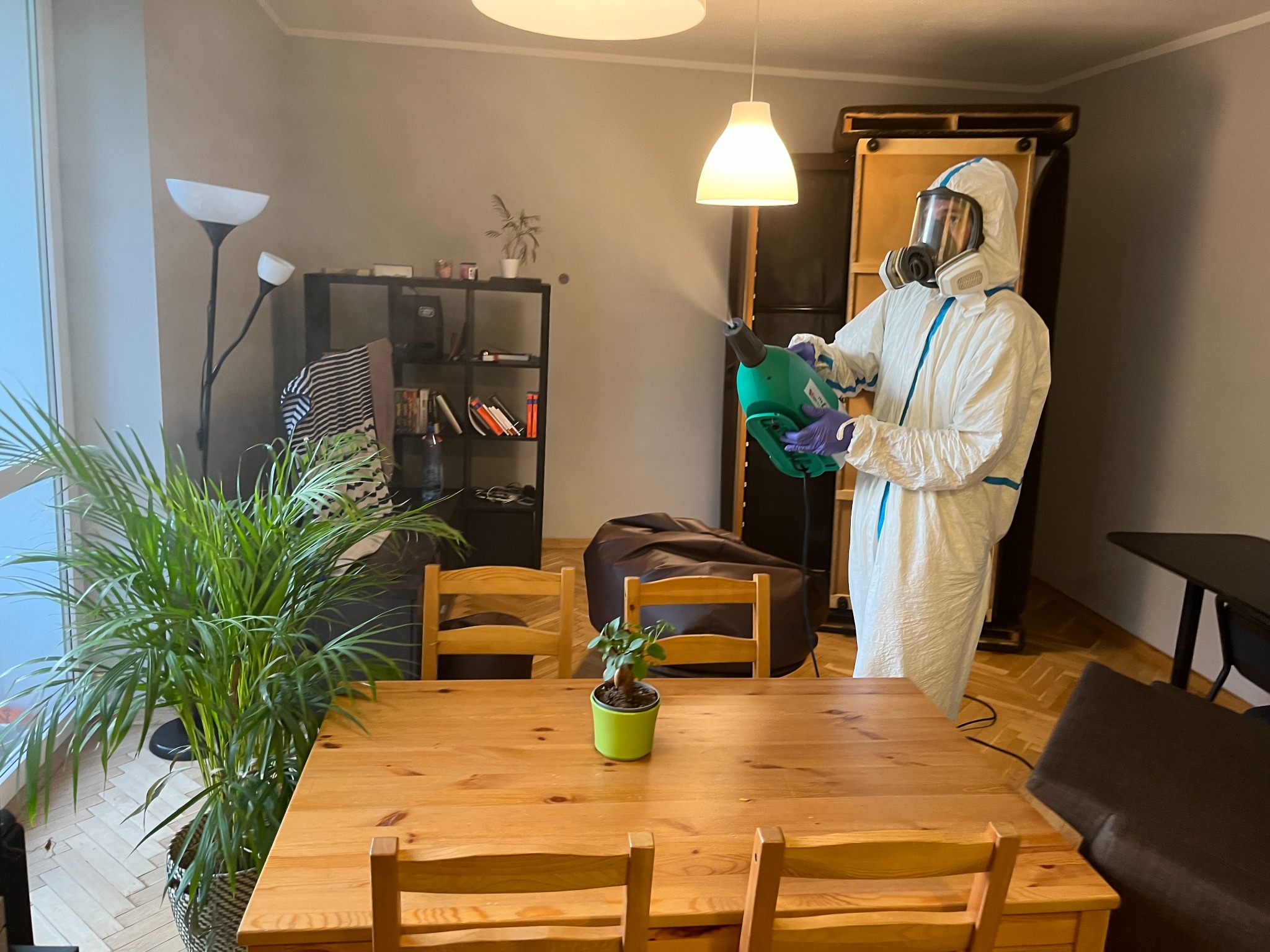 Osoba w kombinezonie ochronnym i masce rozpyla środek dezynfekujący w pomieszczeniu, widoczny drewniany stół, krzesła i rośliny.
