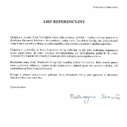 Skan listu referencyjnego dla firmy Translative Co-op, polecającego usługi tłumaczeń literatury z języka polskiego na angielski, z podpisem Katarzyny Samito.