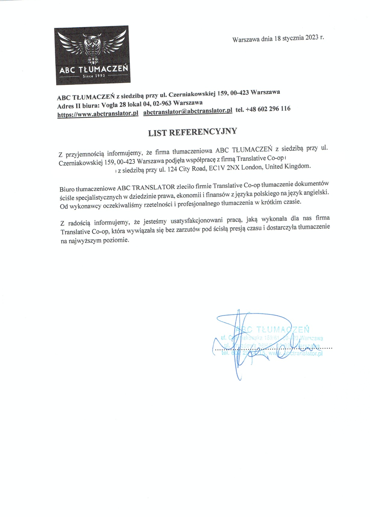 Skan listu referencyjnego od firmy ABC Tłumaczeń, potwierdzający współpracę z firmą Translative Co-op w zakresie tłumaczeń specjalistycznych z dziedziny prawa, ekonomii i finansów z języka...