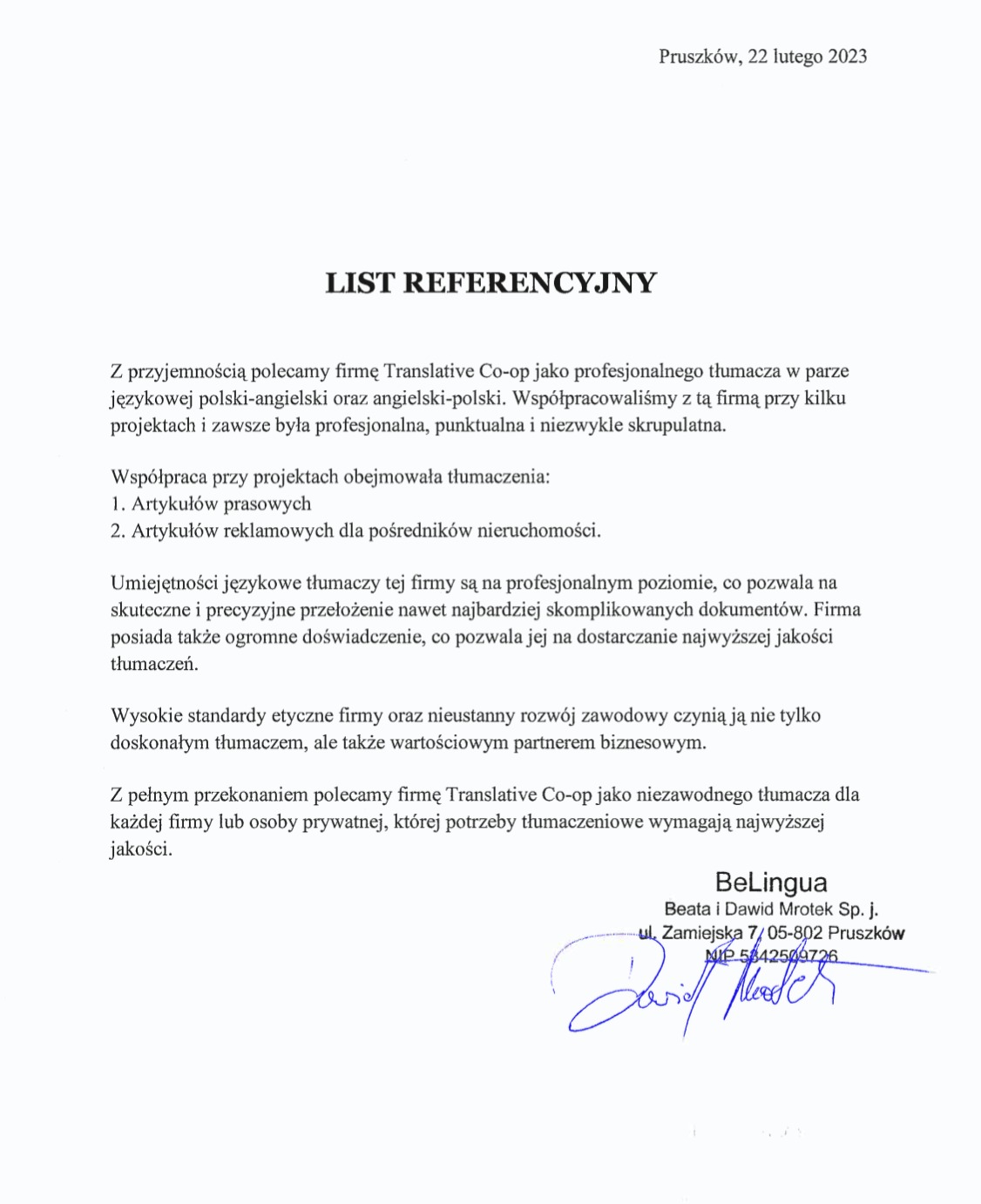 Skan listu referencyjnego dla firmy Translative Co-op, potwierdzającego wysoką jakość tłumaczeń z języka polskiego na angielski i odwrotnie, z datą 22 lutego 2023 i podpisem firmy BeLingua.