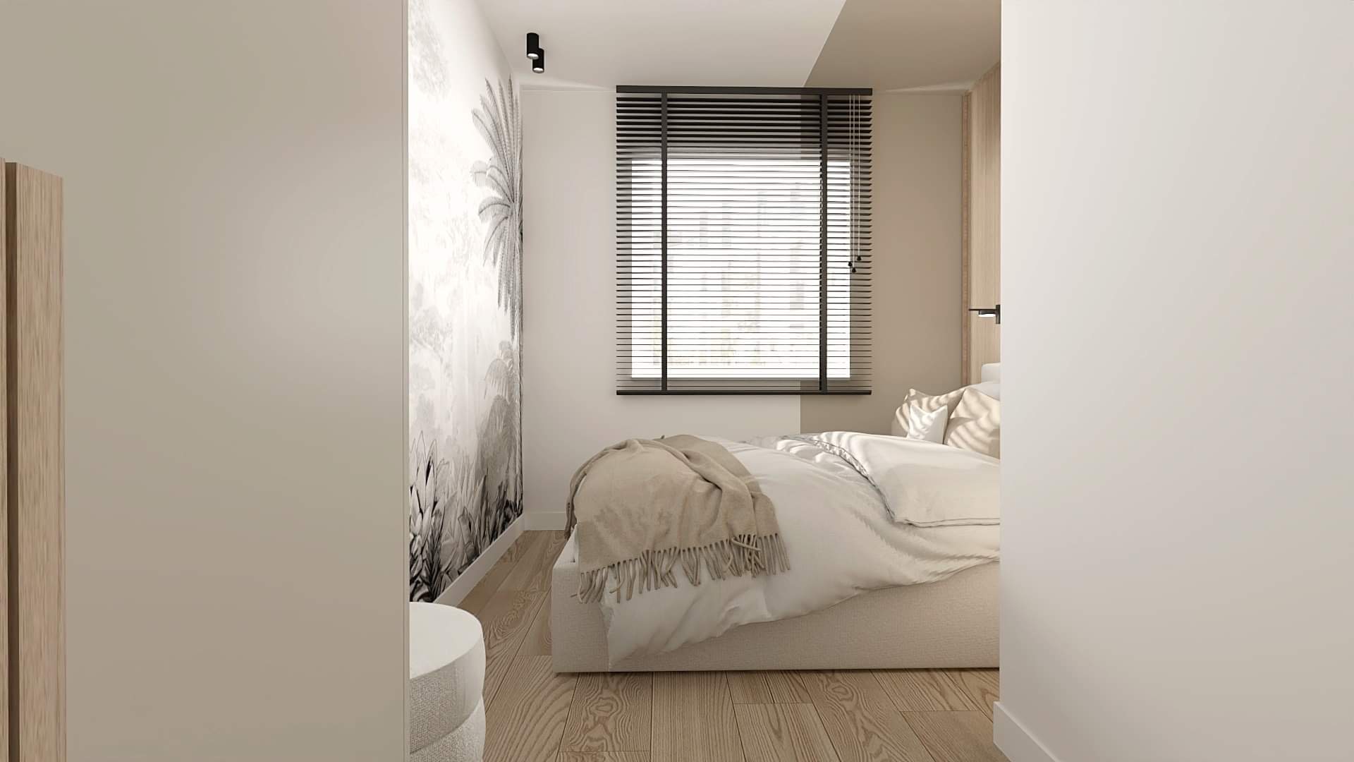 Jasna sypialnia w Poznaniu z łóżkiem, roletami w oknie i tapetą w stylu tropikalnym na ścianie.