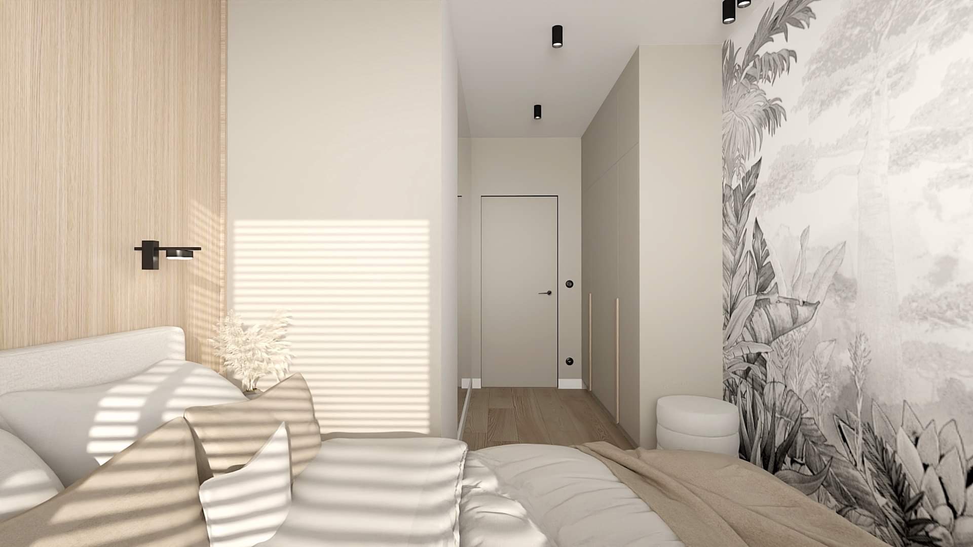 Jasna sypialnia z drewnianą ścianą, czarną lampką nocną, beżowymi poduszkami, tapetą w tropikalne liście i wejściem do garderoby z punktowym oświetleniem.