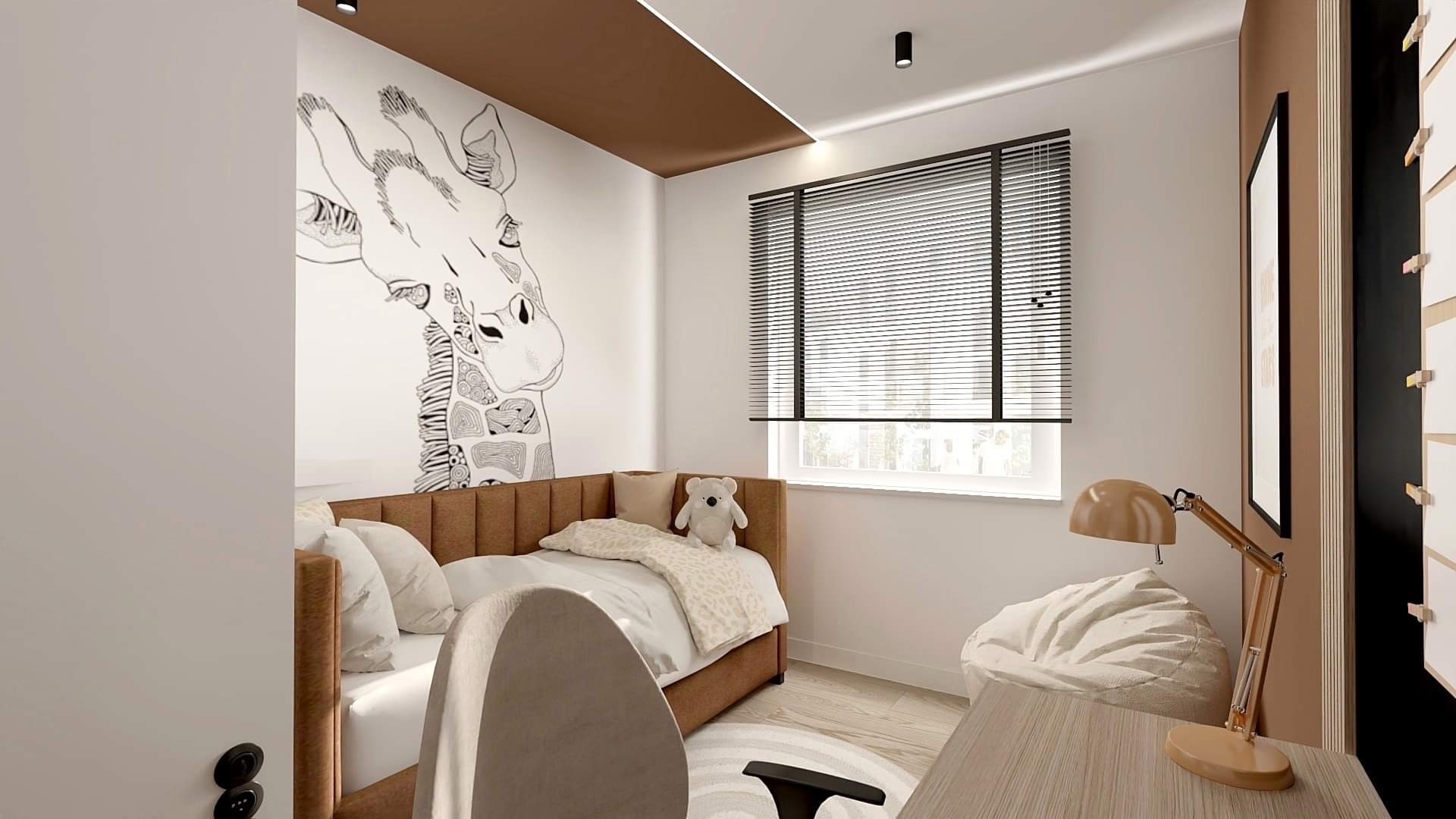 Pokój dziecięcy z łóżkiem, biurkiem, lampką w stylu retro i rysunkiem żyrafy na ścianie, w neutralnej palecie kolorów z akcentami brązu.
