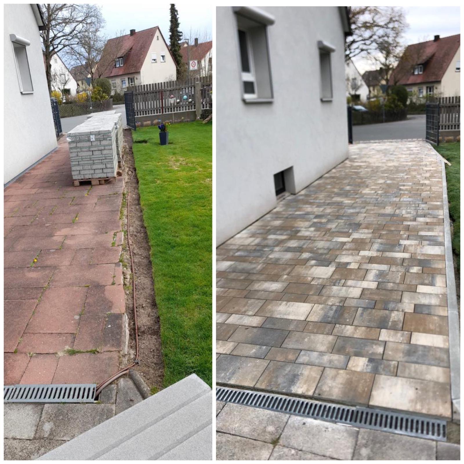 Porównanie stanu przed i po: Stara, czerwona kostka brukowa z widocznym drenażem kontra nowa, wielobarwna nawierzchnia z kostki brukowej ułożona wzdłuż białego budynku.