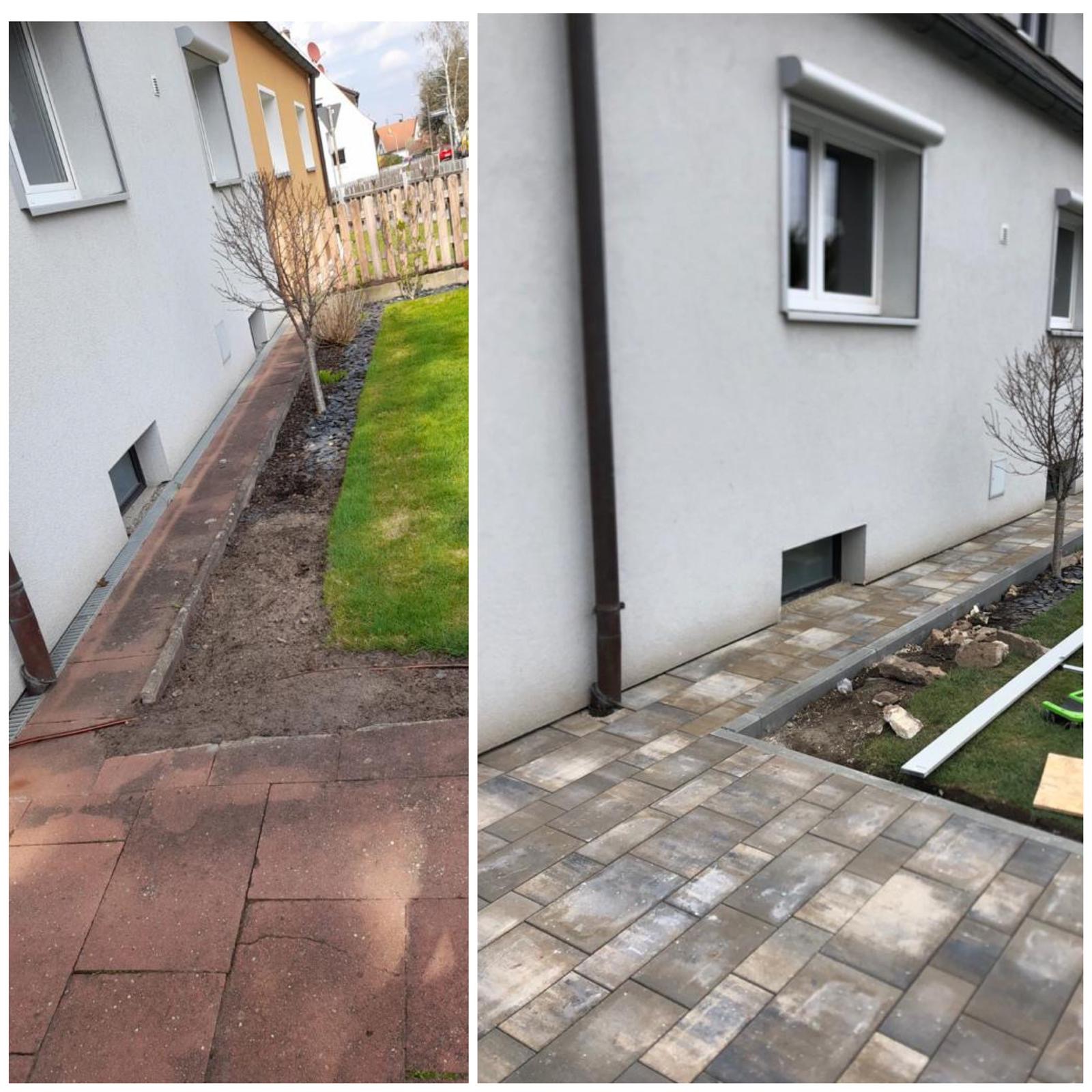 Porównanie stanu przed i po: stara, czerwona kostka brukowa zastąpiona nową, szaro-beżową kostką brukową ułożoną wzdłuż ściany budynku z oknami piwnicznymi.