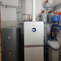 Kotłownia z nowoczesnym kotłem gazowym Bosch z okrągłym wyświetlaczem, zbiornikiem na wodę, zbiornikami wyrównawczymi i zmiękczaczem wody, instalacja hydrauliczna z rur miedzianych i plastikowych.