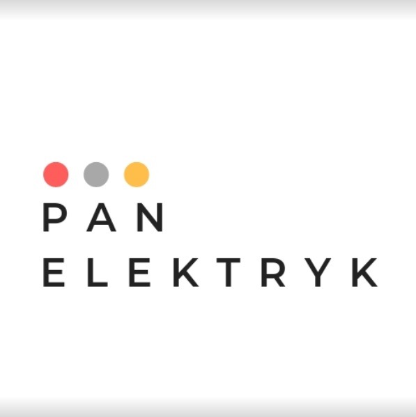 Logo firmy 'Pan Elektryk' z trzema kolorowymi kropkami (czerwona, szara, żółta) nad nazwą, na białym tle.