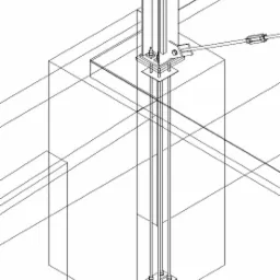 Schemat detalu konstrukcyjnego stalowej kolumny mocowanej do betonowego fundamentu za pomocą śrub kotwiących i stalowej płyty bazowej.