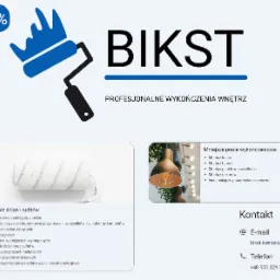 Grafika reklamowa firmy BIKST, oferującej profesjonalne wykończenia wnętrz, z abstrakcyjnym logo wałka malarskiego, zdjęciem wałka do malowania i ilustracją lampy, informacją o rabacie -25%...