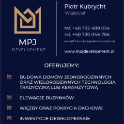 Wizytówka firmy MPJ Development z logo, danymi kontaktowymi i ofertą budowy domów, elewacji, więźb dachowych i inwestycji deweloperskich.