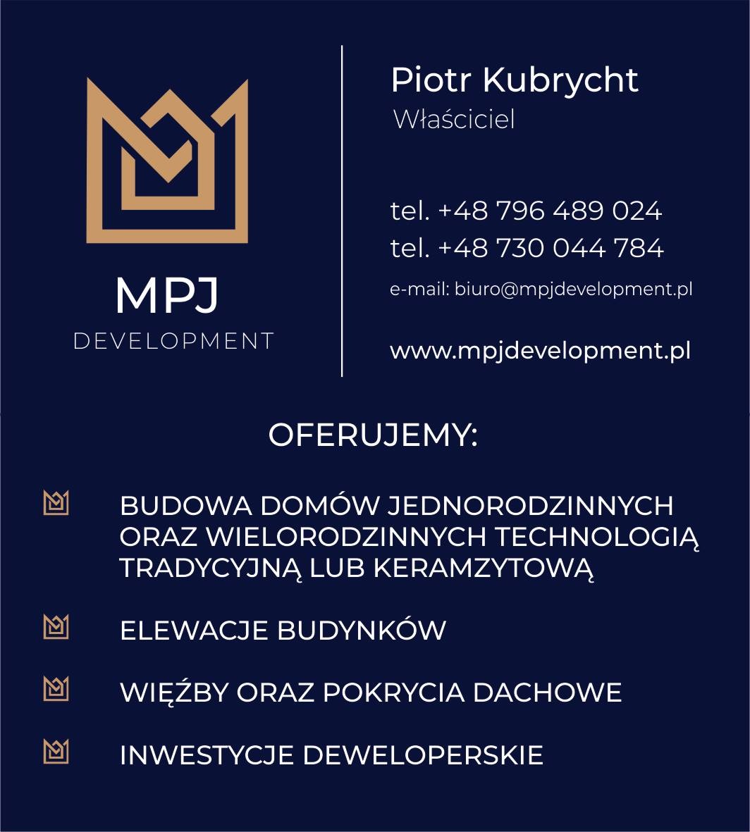 Wizytówka firmy MPJ Development z logo, danymi kontaktowymi i ofertą budowy domów, elewacji, więźb dachowych i inwestycji deweloperskich.