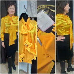 Kolaż czterech ujęć: kobieta prezentuje żółtą satynową bluzkę z wiązaniem, manekin z bluzką, detale szycia z wykrojem i miarą, oraz profil kobiety w bluzce.