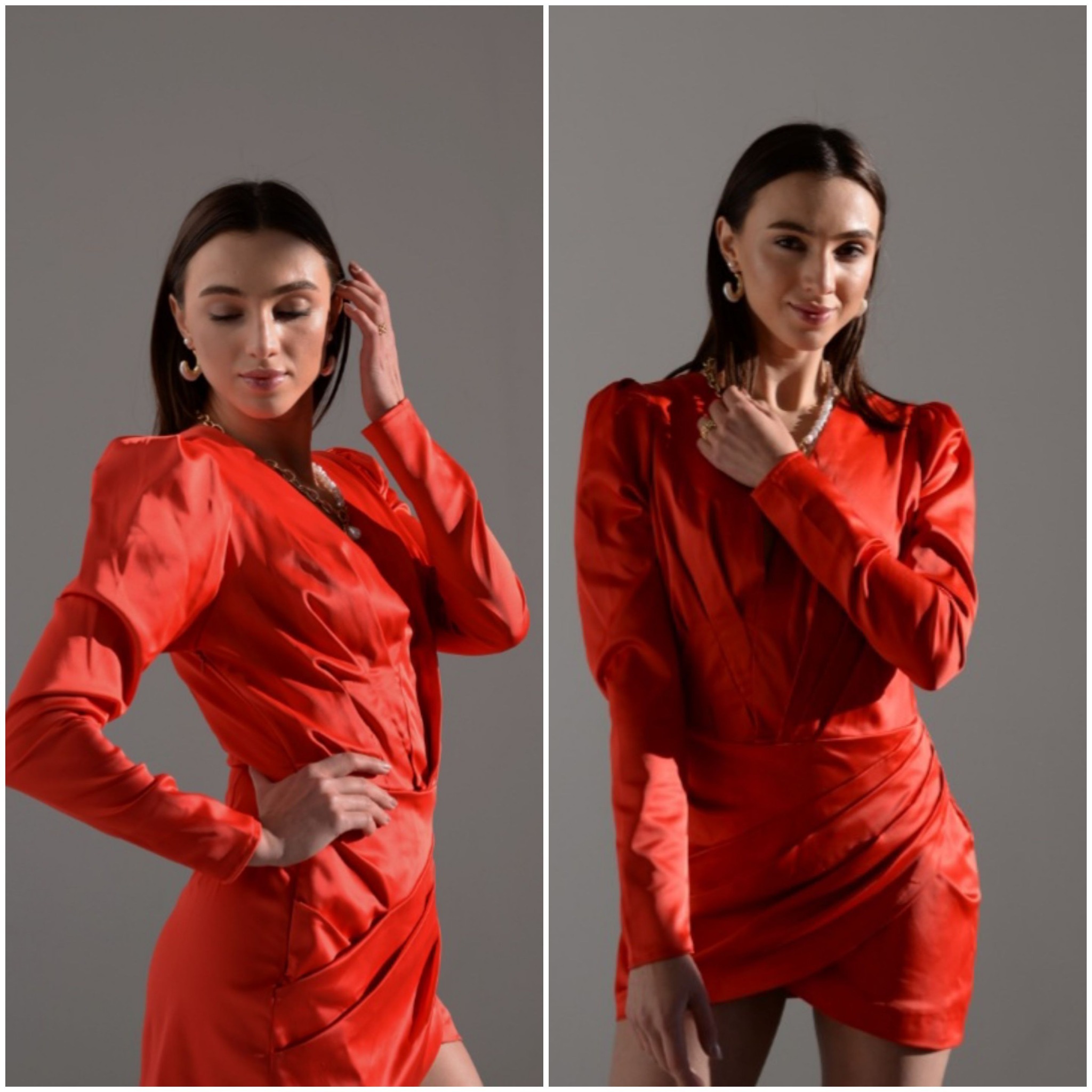 Dwa ujęcia modelki w czerwonej, satynowej sukience mini z drapowaniem, pozującej na szarym tle, z widoczną biżuterią.
