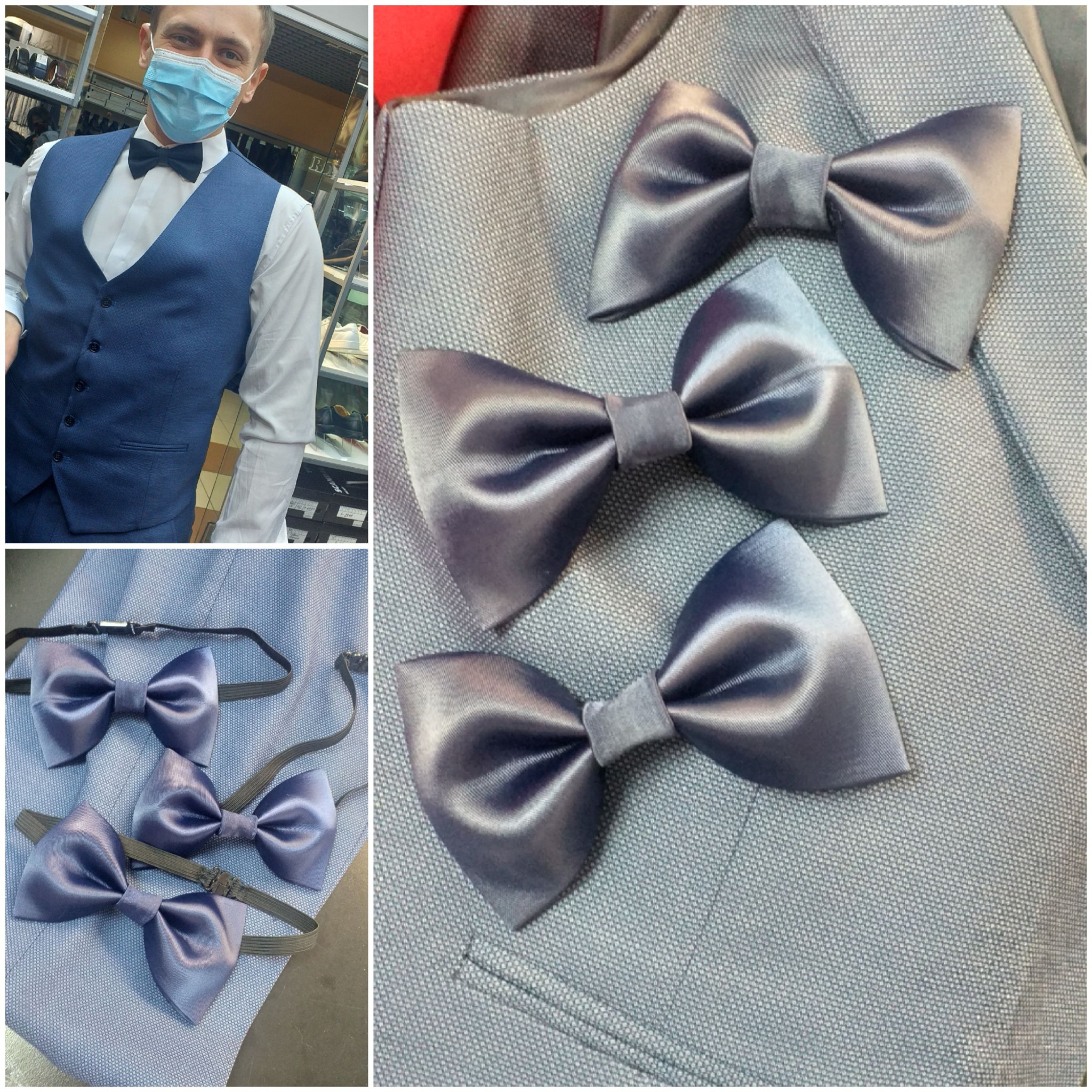 Kolaż: Mężczyzna w niebieskiej kamizelce i masce, trzy szare muchy na kamizelce oraz dwie szare muchy na pasku.