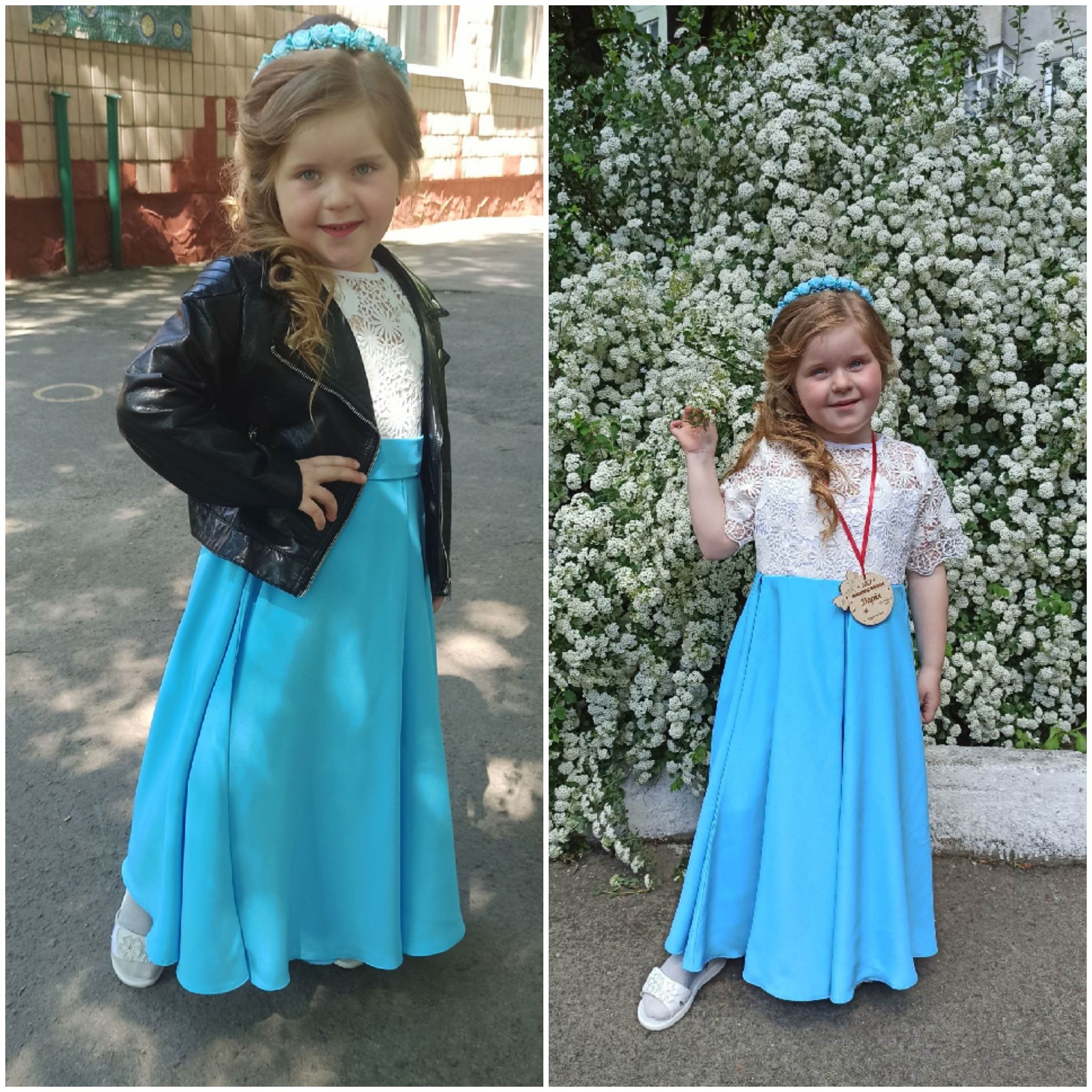 Dwie fotografie tej samej dziewczynki w błękitnej sukience z koronkową górą i wiankiem na głowie: jedna w czarnej kurtce na tle budynku, druga z medalem na tle kwitnącego krzewu.