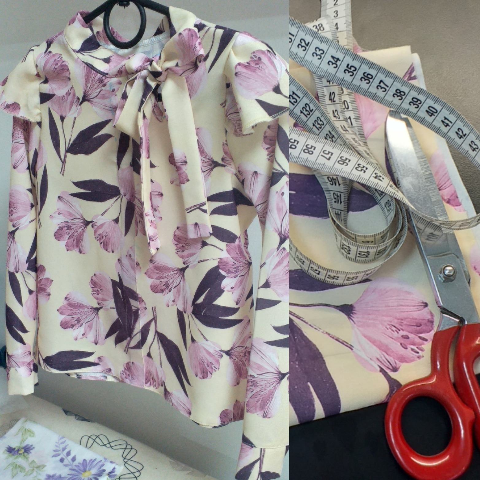 Gotowa bluzka damska z kwiatowym wzorem na wieszaku, obok fragment materiału z tym samym wzorem, nożyczki krawieckie i zwinięta miara centymetrowa.