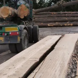 Załadunek kłód drewna na przyczepę z wykorzystaniem dźwigu, na pierwszym planie dwie grube deski z korą na krawędziach.