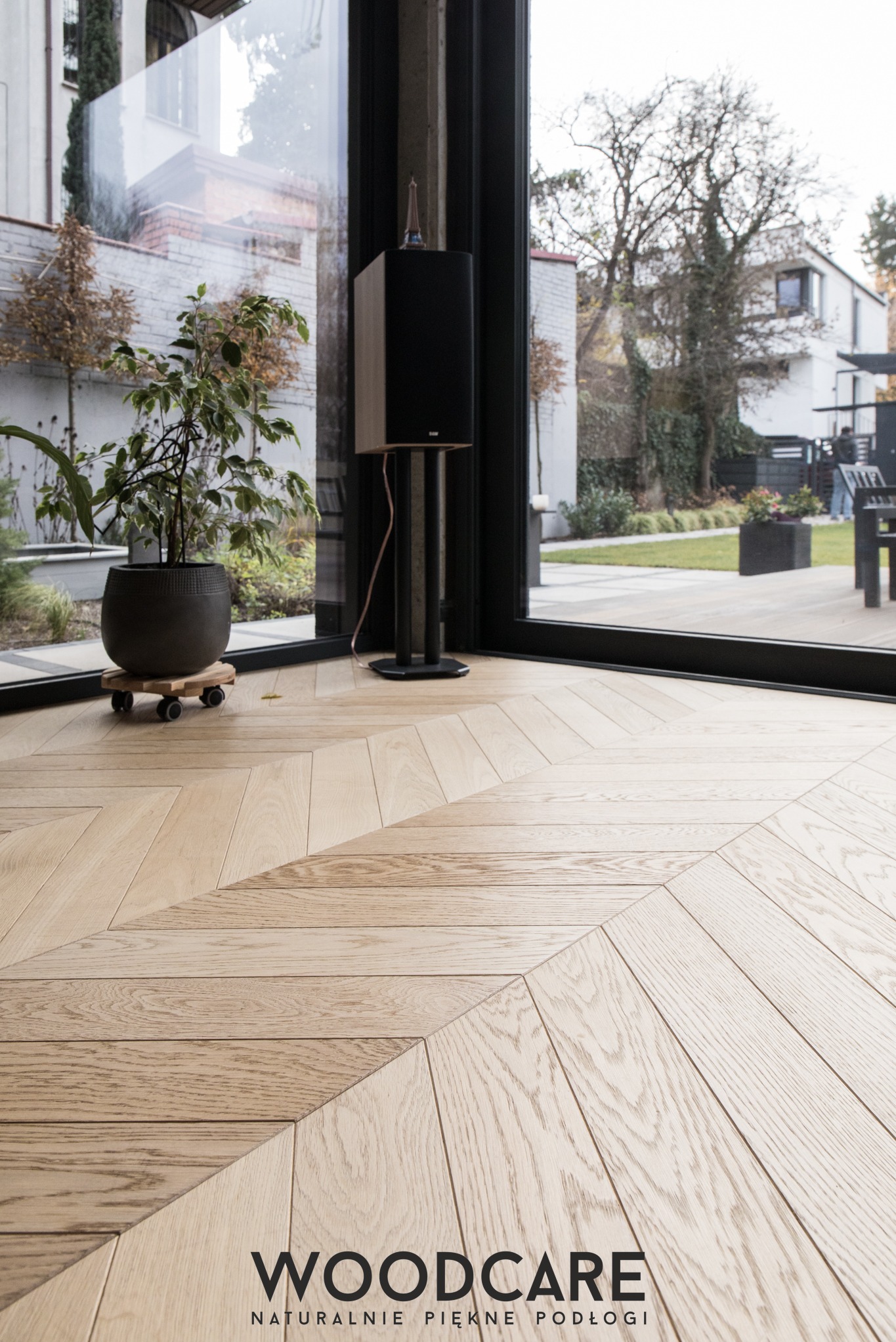 Jasny parkiet ułożony we wzór jodełki francuskiej, z widocznym fragmentem okna i rośliną doniczkową. Naturalne światło podkreśla strukturę drewna.