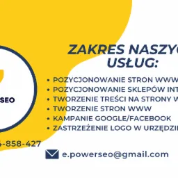 Grafika reklamowa firmy PowerSEO z zakresem usług: pozycjonowanie stron i sklepów internetowych, tworzenie treści na strony WWW, kampanie Google/Facebook, zastrzeżenie logo w urzędzie patentowym.