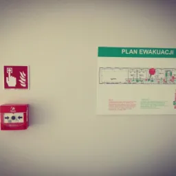 Na jasnej ścianie wisi czerwony przycisk alarmowy POŻAR, znak z dłonią naciskającą przycisk oraz biała tablica z planem ewakuacji z zaznaczoną drogą ucieczki i legendą.