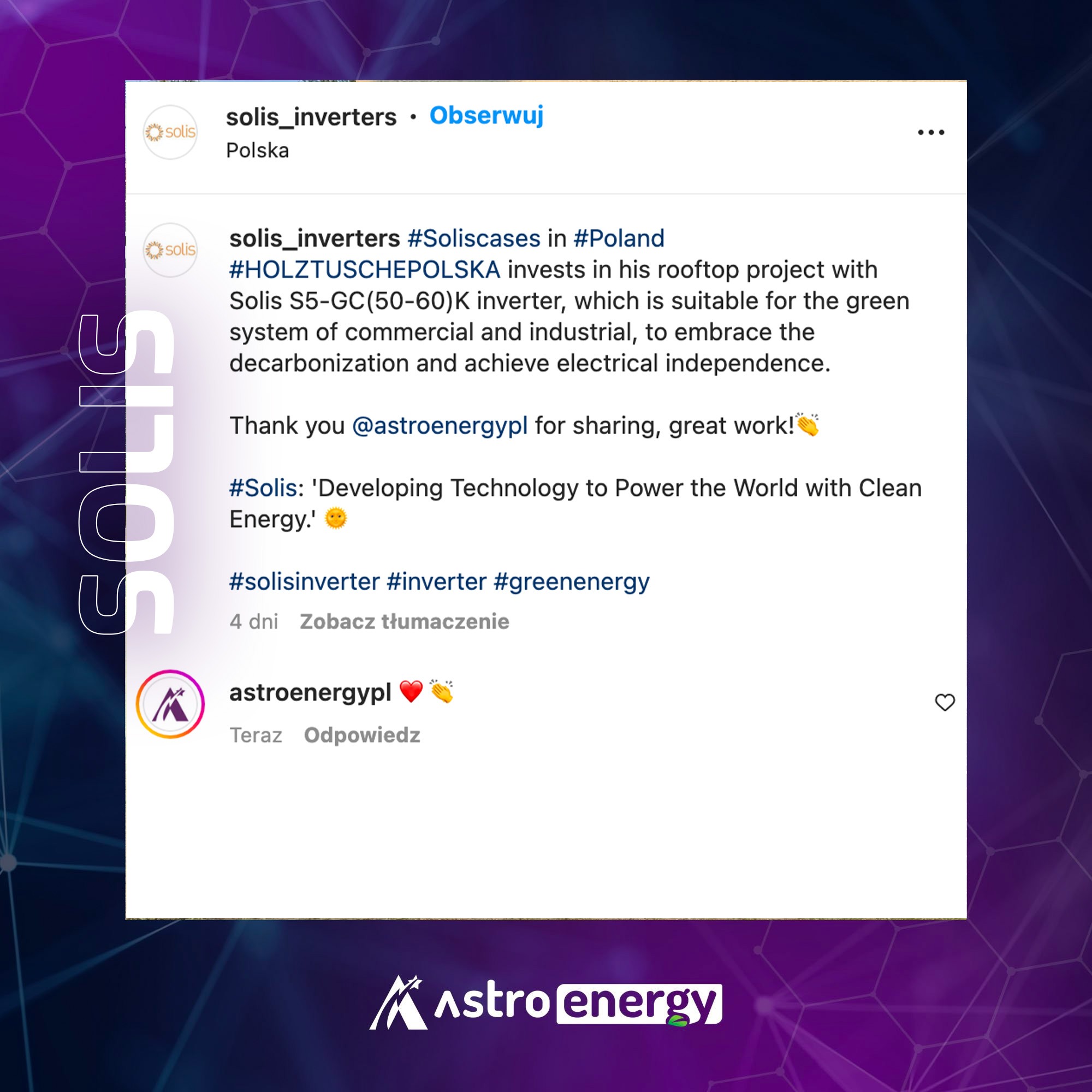 Zrzut ekranu posta z Instagrama firmy Solis Inverters, prezentującego inwestycję w projekt dachowy z wykorzystaniem falownika Solis S5-GC(50-60)K, odpowiedniego dla systemów komercyjnych...