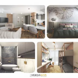 Kolaż wizualizacji wnętrz: salon z sofą i jadalnią, sypialnia z tapetą i skosem, łazienka z wanną wolnostojącą i marmurem, pokój dziecięcy z biurkiem i łóżkiem piętrowym.