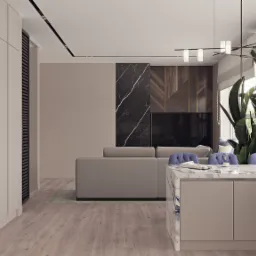 Wnętrze nowoczesnego apartamentu z otwartą kuchnią, salonem i jadalnią. Minimalistyczna zabudowa kuchenna w odcieniach szarości, wyspa z marmurowym blatem, sofa w salonie z dekoracyjną ścianą...