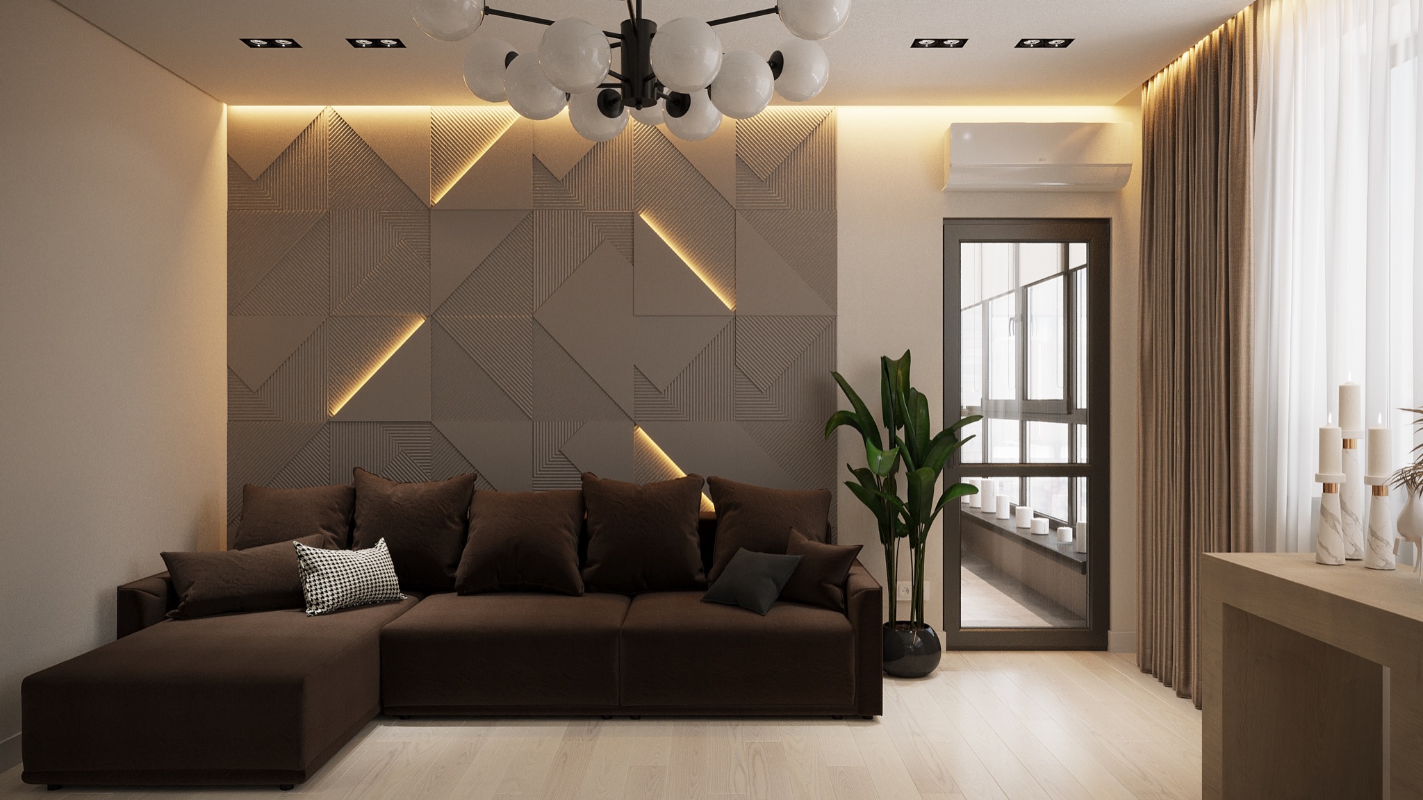 Nowoczesny salon z brązową sofą narożną, dekoracyjną ścianą z podświetleniem LED, kulistym żyrandolem i dużym oknem balkonowym.