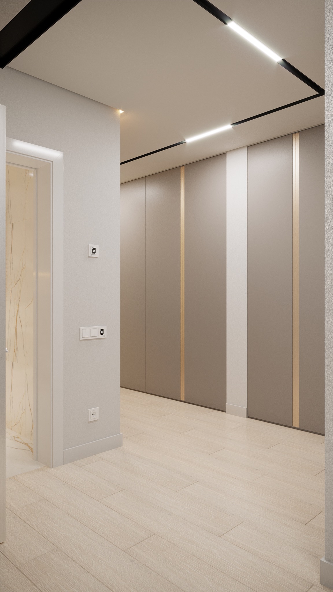 Nowoczesny korytarz z zabudową szaf w odcieniach szarości, podświetlony liniowymi lampami LED w czarnej oprawie, z widocznymi włącznikami światła i gniazdkami na ścianie oraz fragmentem marmurowej...