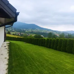 Ujęcie z boku domu na równo przystrzyżony trawnik, z równą linią żywopłotu z tuj, w tle zabudowa wiejska i góry pod pochmurnym niebem.