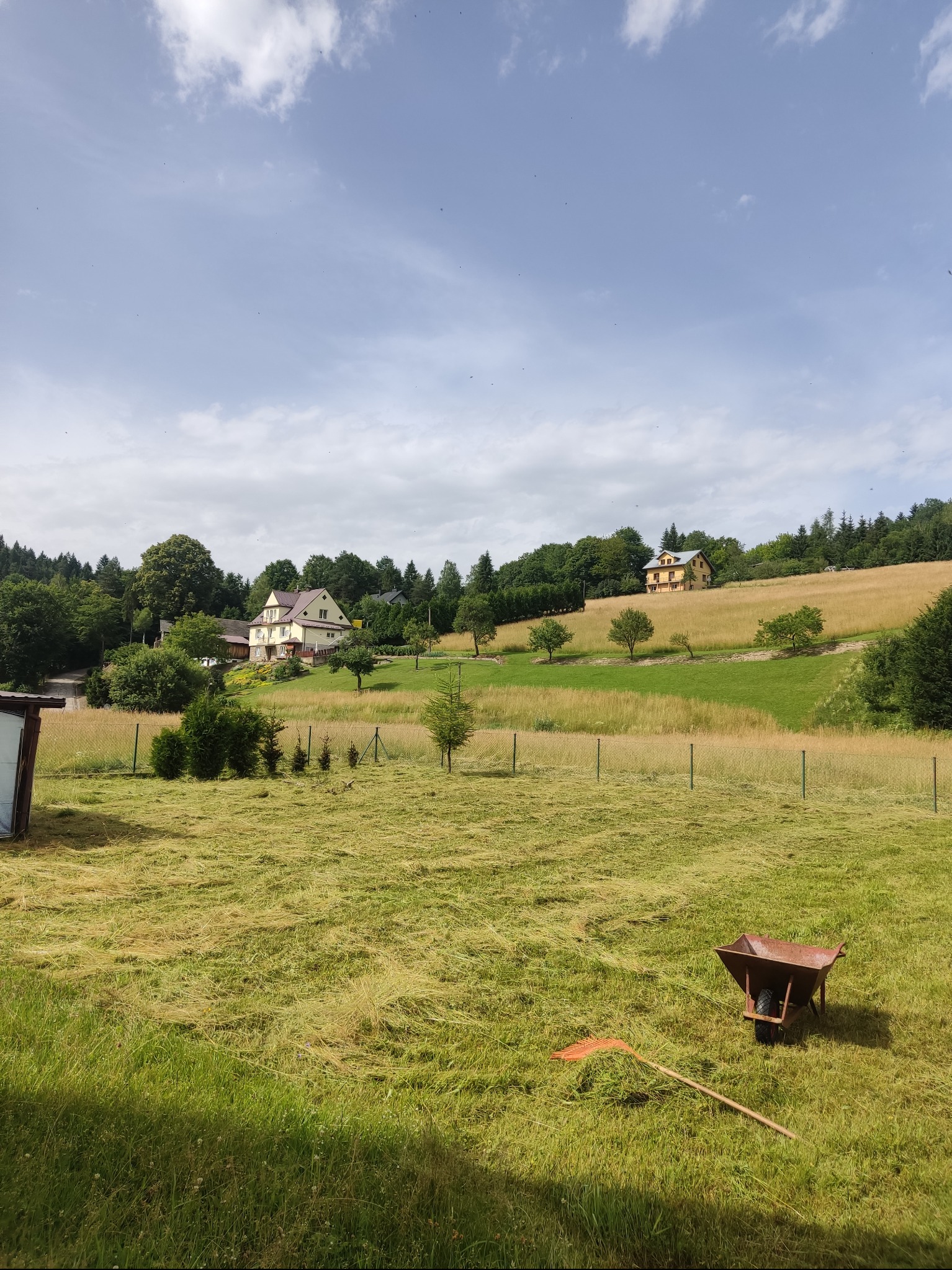 Sielski krajobraz: świeżo skoszona trawa na polu, z widoczną grabiami i taczką, na wzgórzu domy otoczone zielenią, błękitne niebo z chmurami.