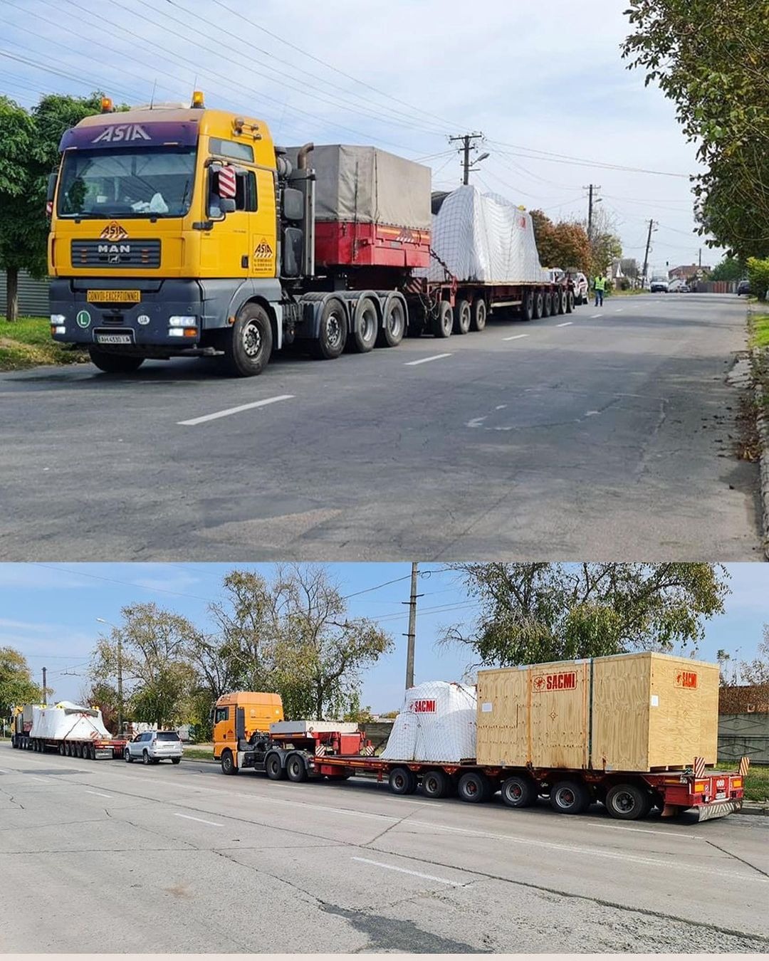 Żółta ciężarówka MAN z naczepą niskopodwoziową przewożąca ponadgabarytowe ładunki na publicznej drodze, widoczne logo firmy transportowej na kabinie.