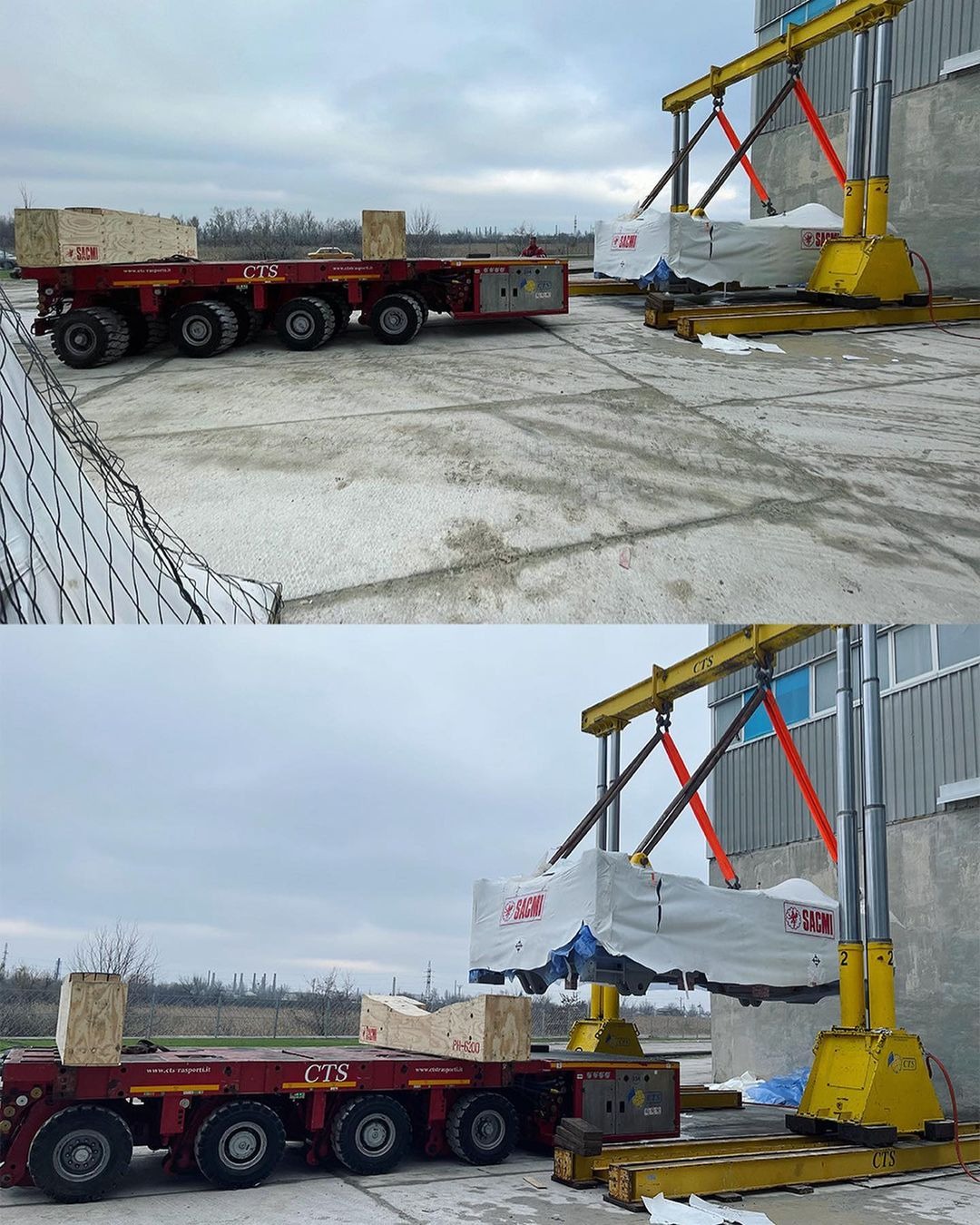 Ciężki ładunek SACMI, częściowo zakryty białą plandeką, podnoszony żółtym suwnicą nad wieloosiową, czerwoną naczepą CTS z drewnianymi skrzyniami w tle, na betonowym placu.