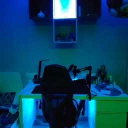 Pokój z biurkiem gamingowym podświetlonym niebieskim LED, z półkami nad biurkiem również z podświetleniem LED, oraz fotelem gamingowym na pierwszym planie.