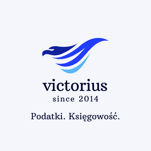 Grafika z logo firmy Victorius, z motywem orła w odcieniach niebieskiego, informacją 'since 2014' i hasłem 'Podatki. Księgowość.'.