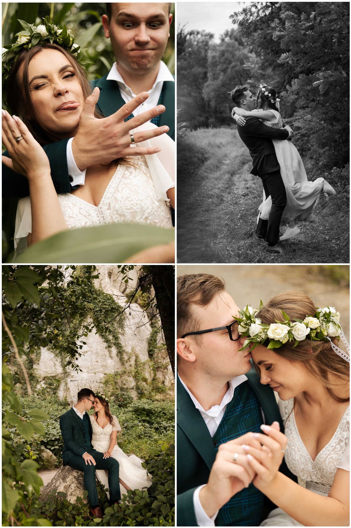 Kolaż zdjęć pary w zielonych strojach: jedno czarno-białe, jedno z zabawną miną panny młodej, jedno na tle skał porośniętych zielenią, jedno z bliska z czułym pocałunkiem.