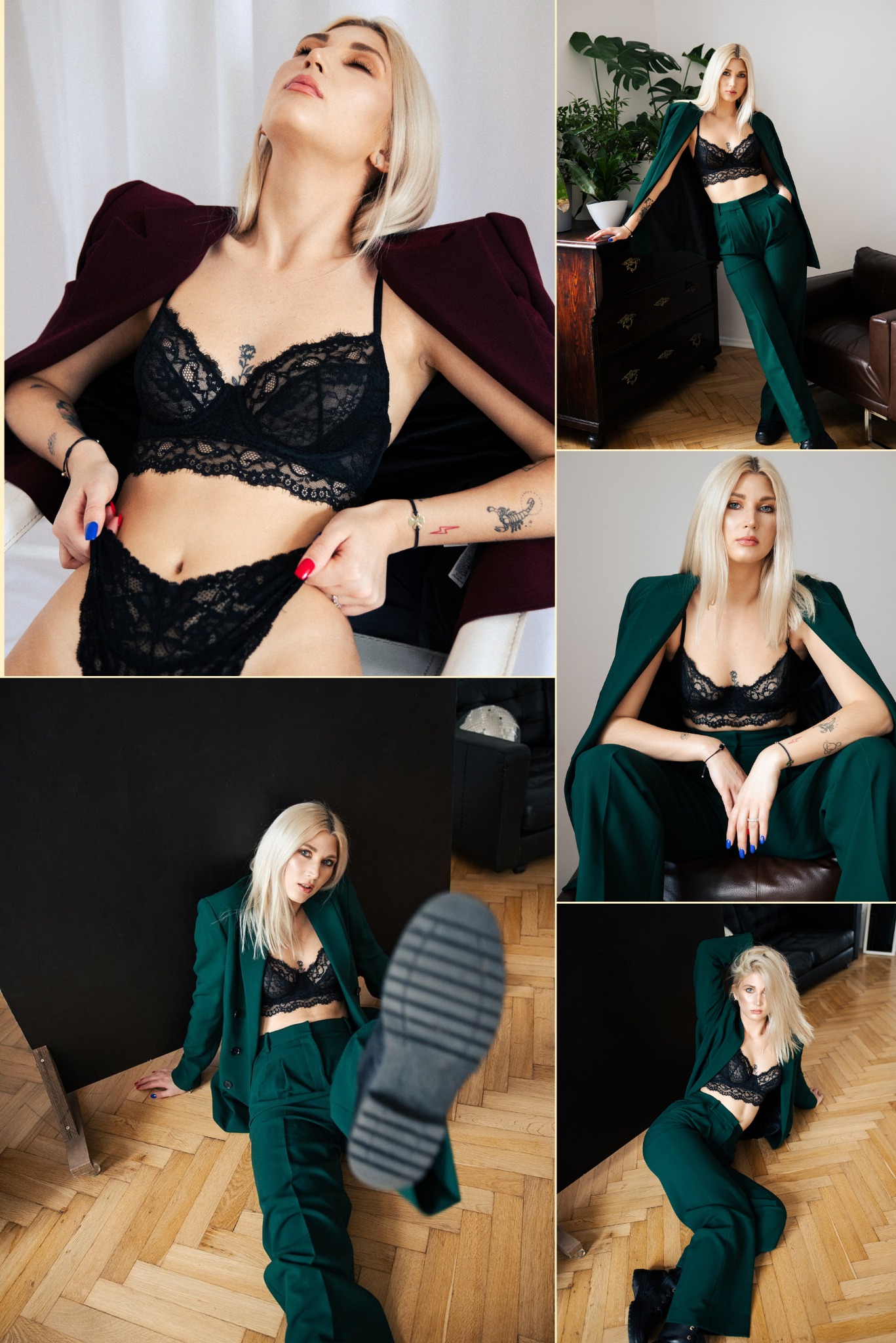 Kolaż zdjęć modelki w zielonym garniturze i czarnej koronkowej bieliźnie, prezentującej różne pozy na tle wnętrza i czarnej ściany.