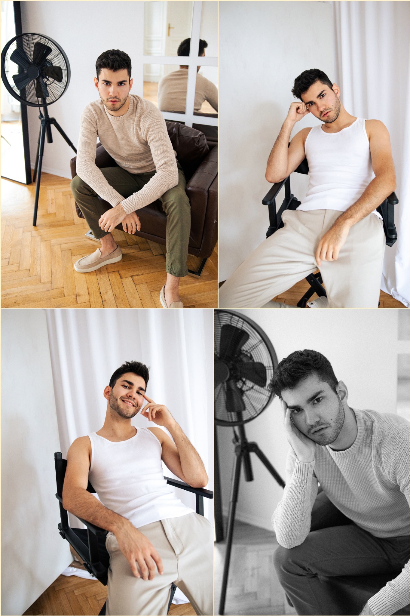 Cztery kadry z sesji portretowej młodego mężczyzny: w swetrze siedzącego w skórzanym fotelu z wentylatorem w tle, w podkoszulku siedzącego na krześle reżyserskim na tle białej ściany.