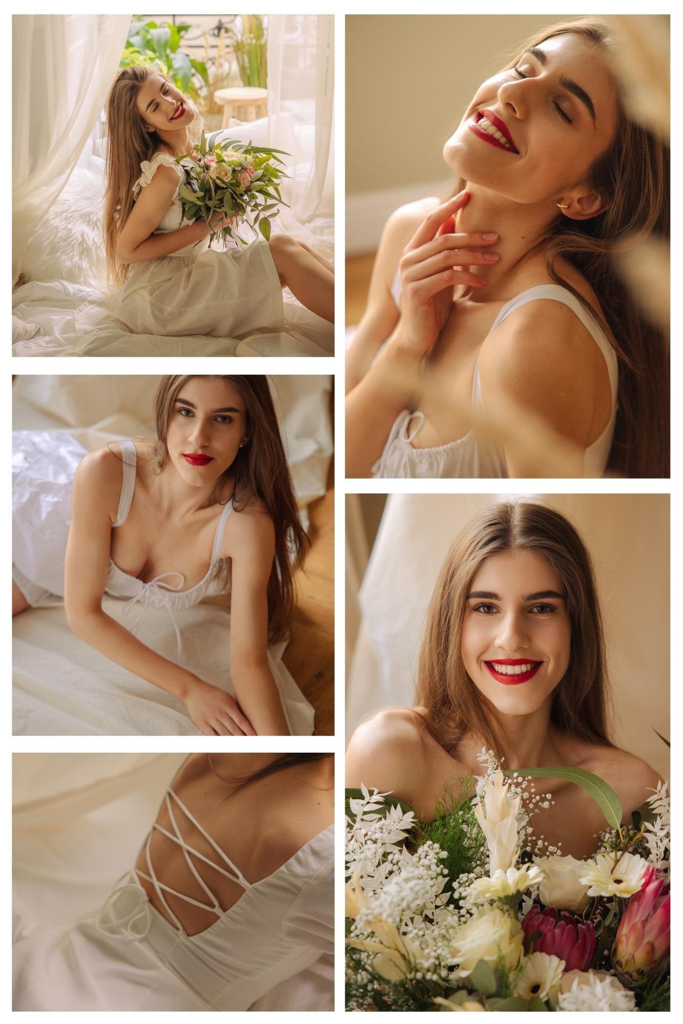 Kolaż zdjęć młodej kobiety w białej sukience, z kwiatami, w naturalnym świetle, w różnych ujęciach, w tym zbliżenia na twarz i detale sukienki.