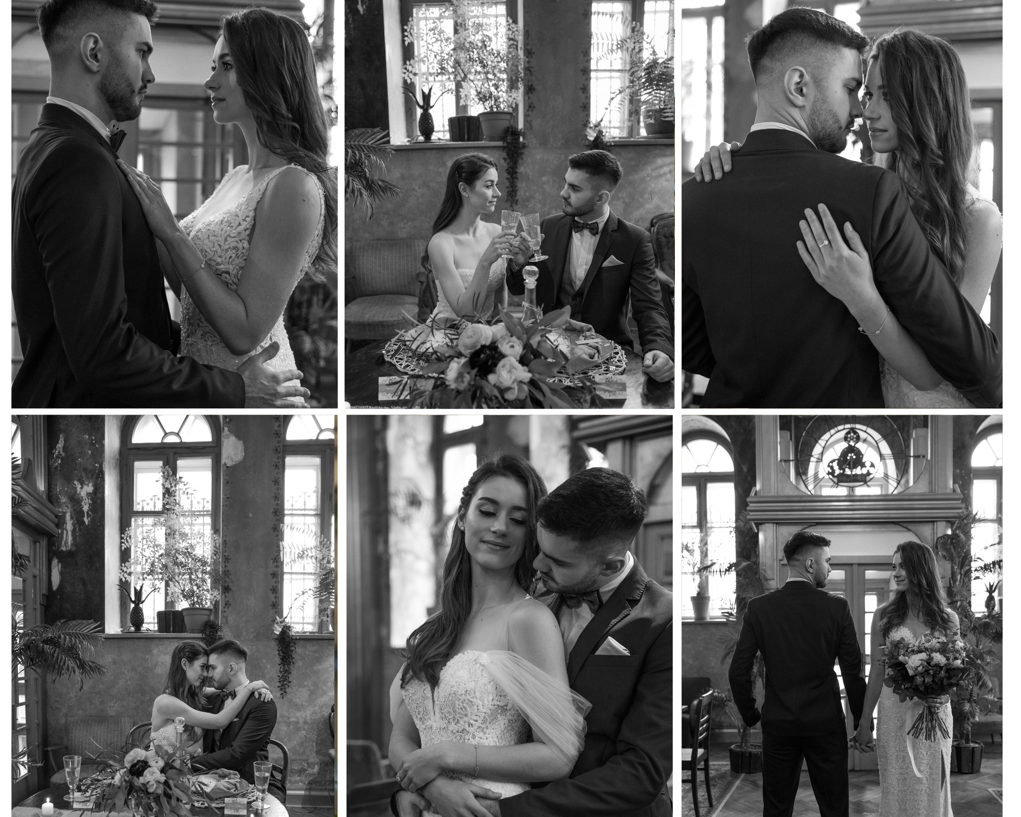 Czarno-biały kolaż przedstawiający parę w strojach ślubnych w różnych ujęciach: zbliżenia, przy stole z kwiatami i toastem, oraz stojących na tle dekoracyjnego wnętrza.