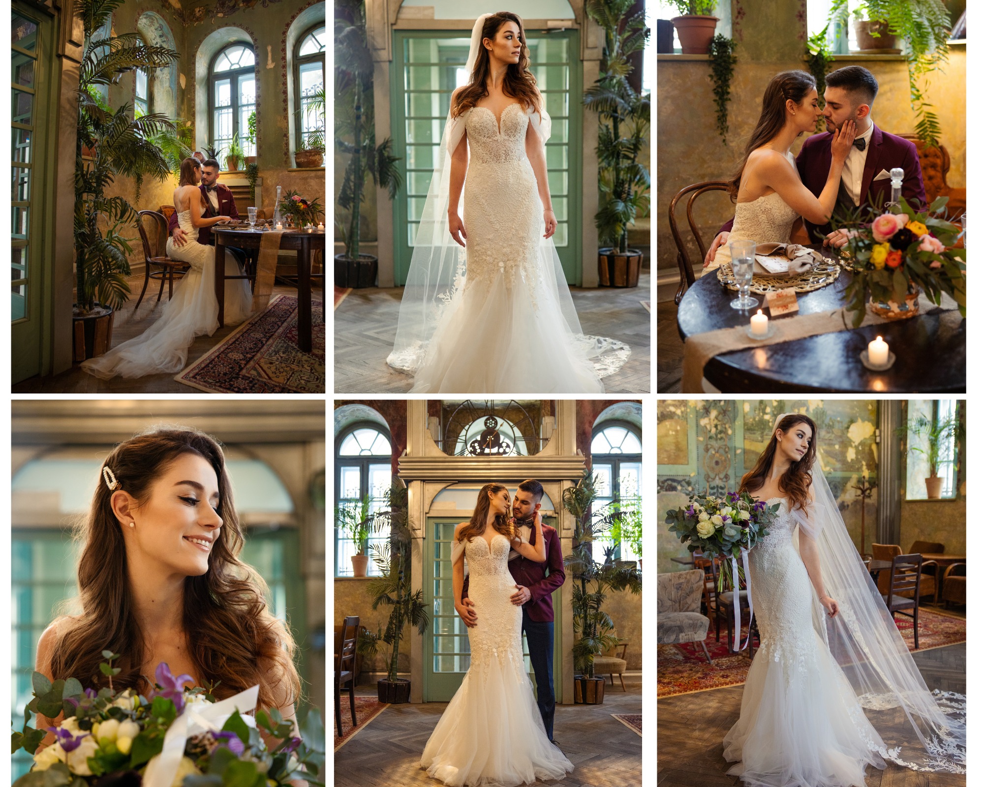 Kolaż sześciu zdjęć: Panna młoda w koronkowej sukni ślubnej z welonem, pozująca sama, z partnerem w bordowym garniturze w rustykalnym wnętrzu z roślinami doniczkowymi, dekoracjami kwiatowymi...