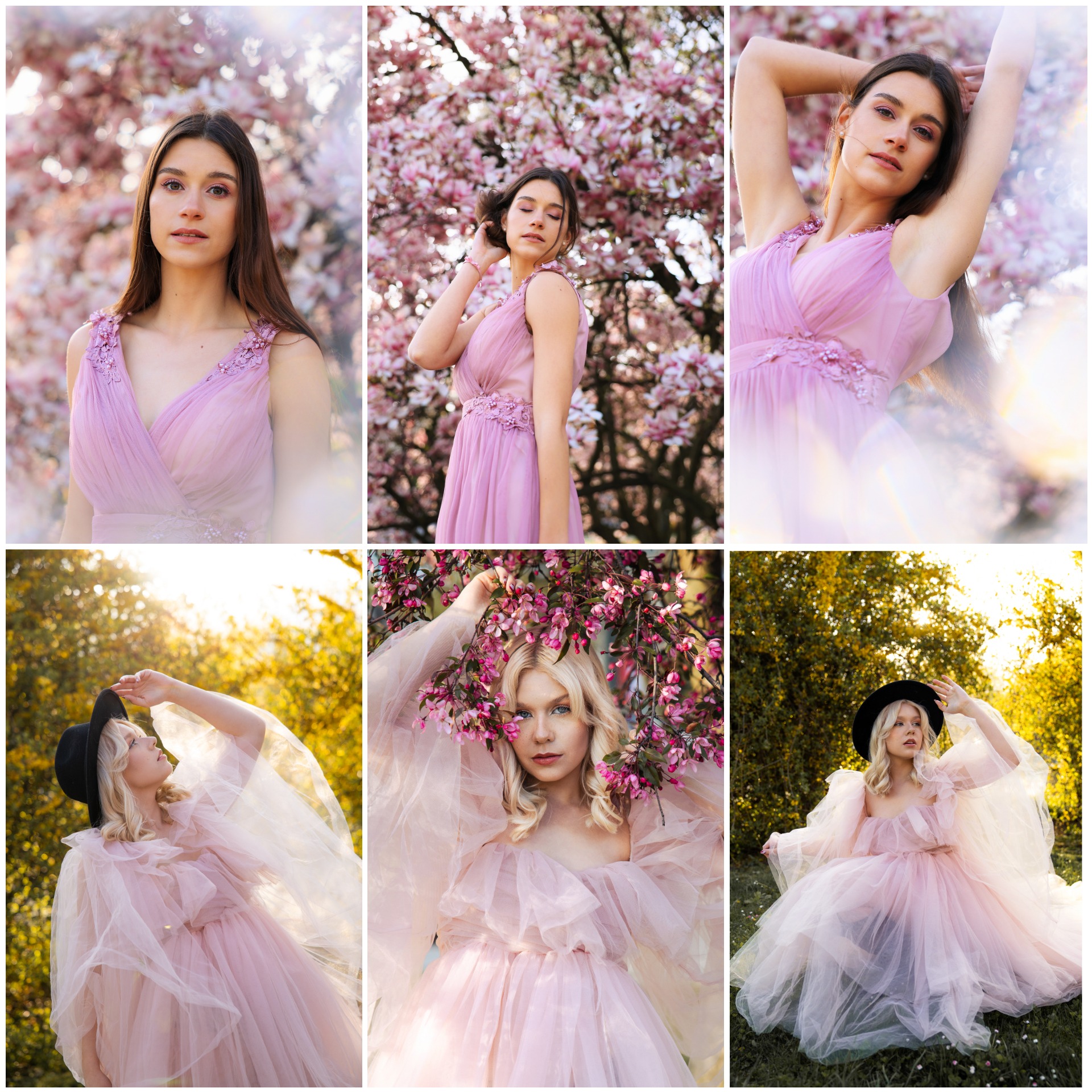 Kolaż sześciu zdjęć portretowych kobiet w zwiewnych, różowych sukniach na tle kwitnących drzew i zieleni, z różnym oświetleniem i kadrowaniem.