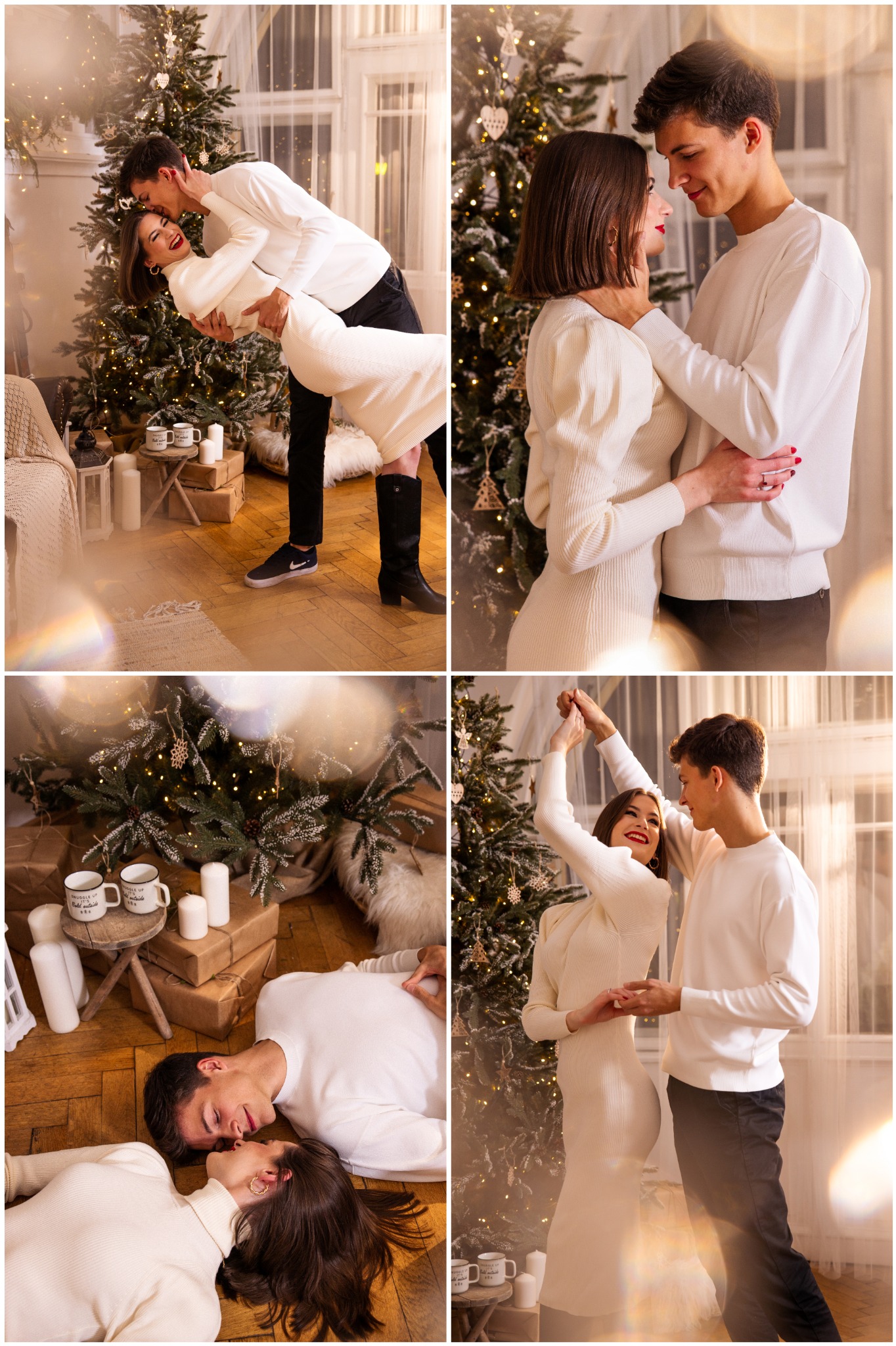 Kolaż czterech ujęć pary w świątecznej scenerii: taniec, pocałunek na tle choinki, leżenie na podłodze, objęcia i uśmiechy.