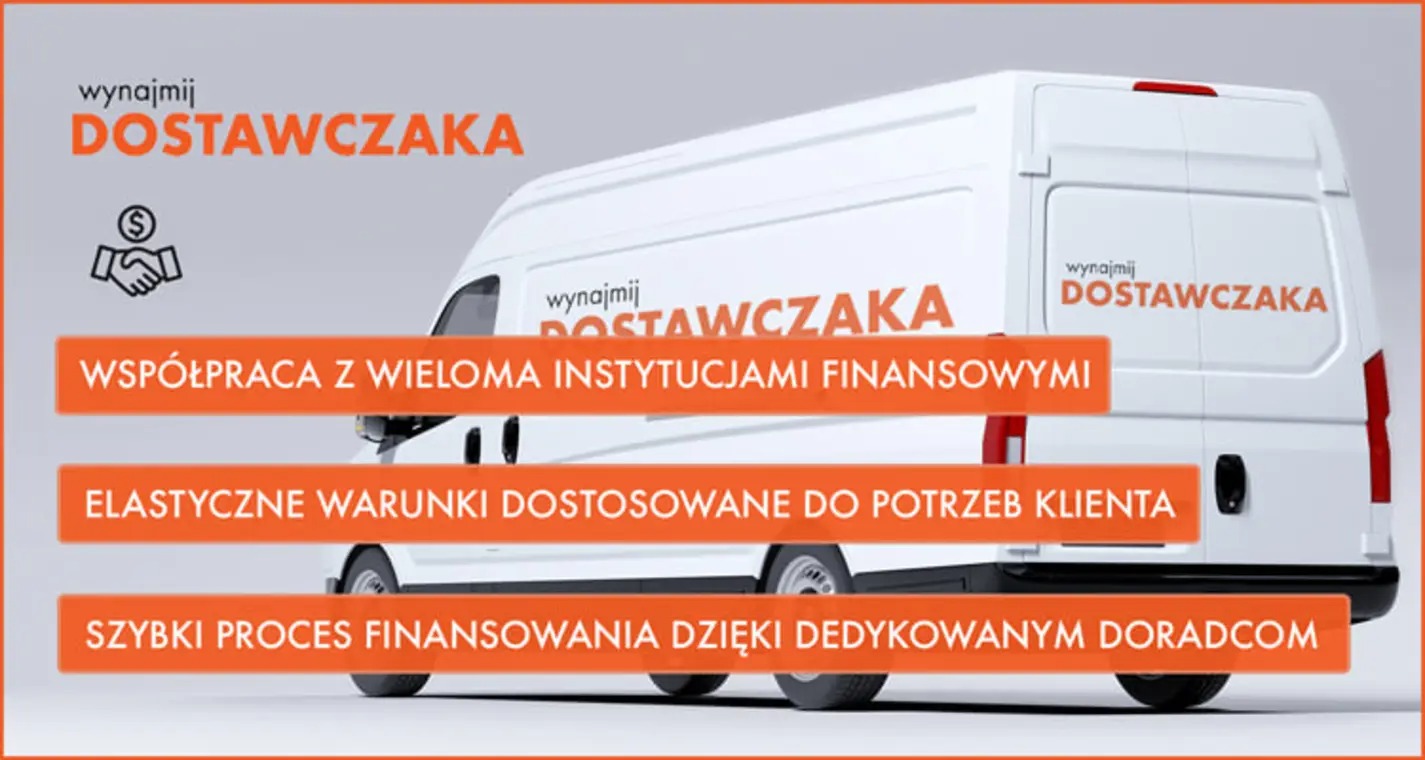 Grafika reklamowa z białym samochodem dostawczym na szarym tle, zachęcająca do wynajmu w Bytomiu, z hasłami o współpracy z instytucjami finansowymi, elastycznych warunkach i szybkim procesie...