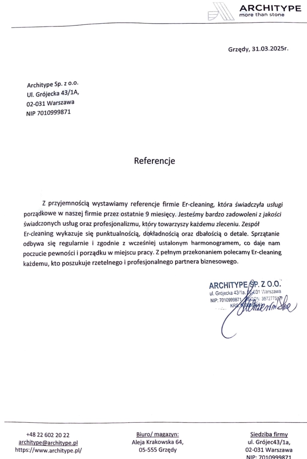 Skan referencji dla firmy Er-cleaning od Architype Sp. z o.o. z Grzędów, datowany na 31.03.2025, potwierdzający wysoką jakość usług porządkowych i profesjonalizm.
