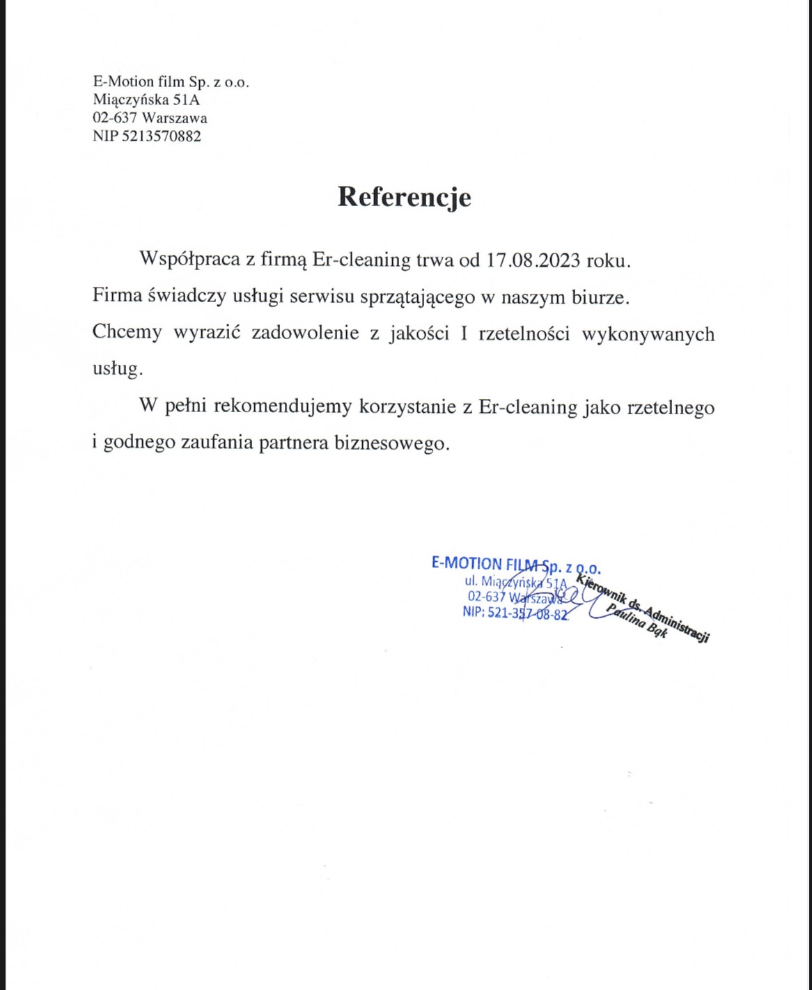Skan dokumentu referencyjnego dla firmy Er-cleaning, zadowolenie z jakości usług sprzątających w biurze, podpisane przez E-Motion film Sp. z o.o.